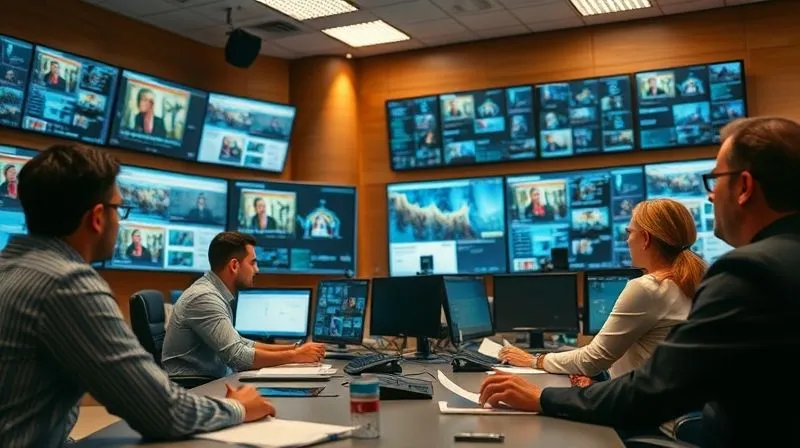 A photorealistic, professional photography, 8K, cinematic lighting, sharp focus, depth of field shot on a high-end DSLR of a diverse public relations team in a crisis management war room, intensely focused on multiple screens displaying news feeds, social media analytics, and press releases. The mood is urgent and strategic, emphasizing quick and controlled communication.