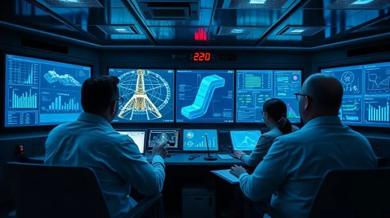 A photorealistic, professional photography, 8K, cinematic lighting, sharp focus, depth of field, shot on a high-end DSLR. A high-tech control room on an offshore rig, bathed in the blue glow of multiple large screens displaying real-time data visualizations, schematics of a drilling operation, and predictive analytics. Engineers and legal professionals are collaboratively analyzing the data, suggesting a blend of operational and legal oversight.