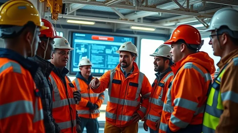 A photorealistic, professional photography, 8K, cinematic lighting, sharp focus, depth of field, shot on a high-end DSLR. A diverse team of offshore workers in safety gear, gathered in a bright, modern briefing room on a rig. They are engaged in a safety discussion, with one worker pointing to a digital display showing a safety protocol. The atmosphere is collaborative and focused, emphasizing human element in safety.
