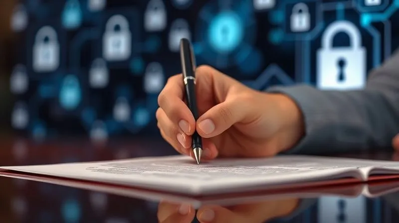 A photorealistic image of a legal document being signed with a pen, with a background of secure, abstract digital lock icons and a subtle representation of a company's assets, like a graph trending upwards. The focus is on the signing hand and the document, conveying the act of securing and protecting. Cinematic lighting, professional photography, 8K hyper-detailed, shot on a high-end DSLR, depth of field.