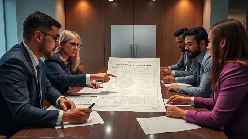A photorealistic image of a legal team, diverse and professional, gathered around a large conference table, intently discussing documents and strategy. One senior lawyer is pointing to a complex chart, symbolizing expert guidance and collaborative problem-solving. The atmosphere is serious yet focused, with cinematic lighting emphasizing the gravity and professionalism. 8K hyper-detailed, professional photography, shot on a high-end DSLR, depth of field.