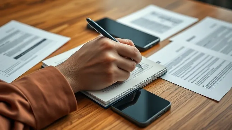 Photorealistic, professional photography, 8K, cinematic lighting, sharp focus, depth of field, shot on a high-end DSLR. A close-up of a parent's hand diligently writing notes in a legal pad, surrounded by a few scattered documents and a smartphone on a wooden desk, symbolizing careful documentation and evidence gathering. The atmosphere is serious and focused.