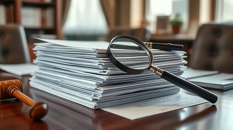 Photorealistic, professional photography, 8K, cinematic lighting, sharp focus, depth of field, shot on a high-end DSLR. A stack of neatly organized legal documents, including medical records and police reports, with a magnifying glass resting on top, all on a polished wooden table in a lawyer's office, symbolizing the meticulous gathering of evidence.