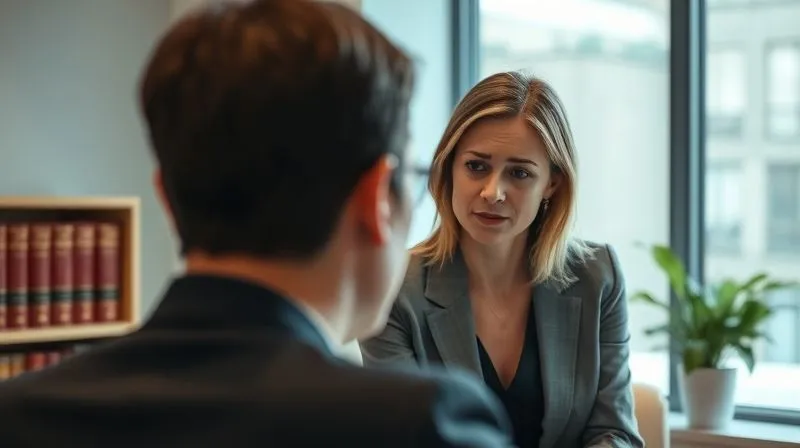 Photorealistic, professional photography, 8K, cinematic lighting, sharp focus, depth of field, shot on a high-end DSLR. A compassionate, professional female attorney in a well-lit modern office, leaning forward and listening intently to a distressed parent (only the back of the parent's head is visible), signifying empathetic legal counsel and support. Legal books are subtly blurred in the background.