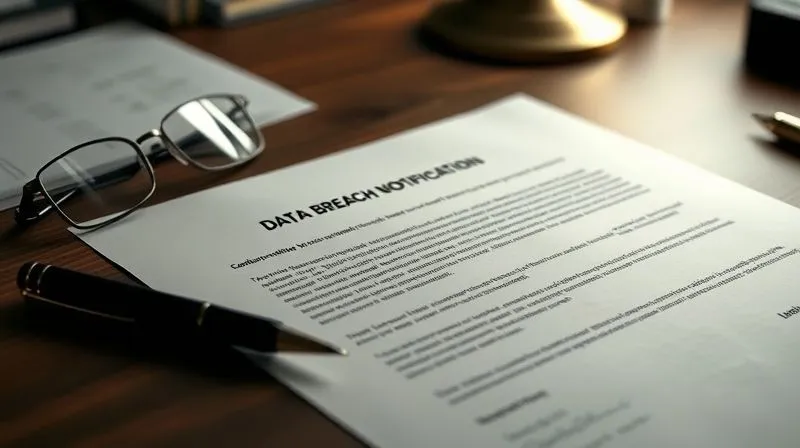 A photorealistic, professional photography, 8K, cinematic lighting, sharp focus, depth of field, shot on a high-end DSLR image of a carefully crafted, official-looking data breach notification letter on a desk, with a pen and glasses, illuminated by soft, serious light, emphasizing the gravity and precision required for legal communication.