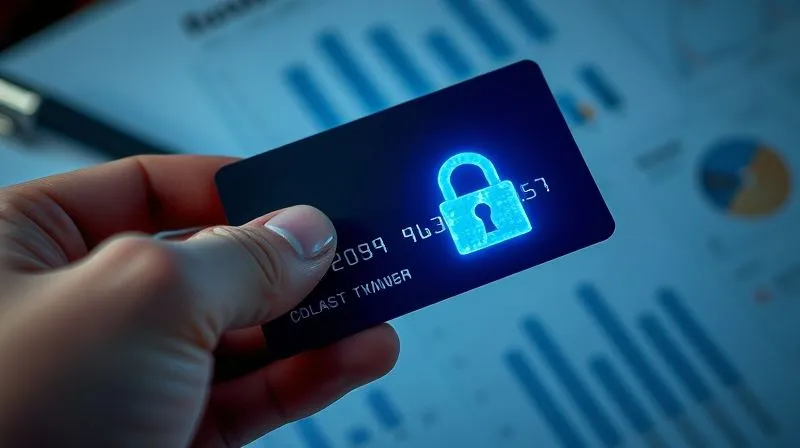 A close-up of a hand holding a credit card, with a digital padlock icon overlayed, glowing with a soft blue light, against a blurred background of financial documents. Photorealistic, professional photography, 8K, cinematic lighting, sharp focus, depth of field, shot on a high-end DSLR.
