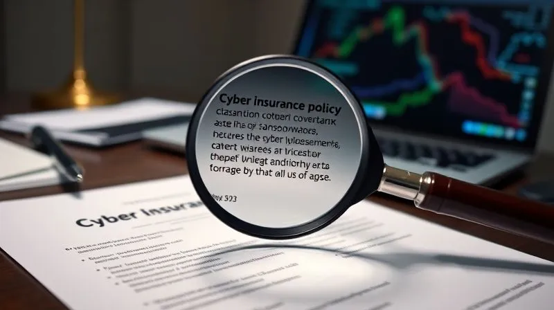 A photorealistic, professional image of a cyber insurance policy document open on a desk, with a magnifying glass highlighting specific clauses related to ransomware coverage. A legal pen and a laptop displaying cybersecurity threat intelligence are in the background. Cinematic lighting, sharp focus on the document, depth of field, 8K hyper-detailed, shot on a high-end DSLR.