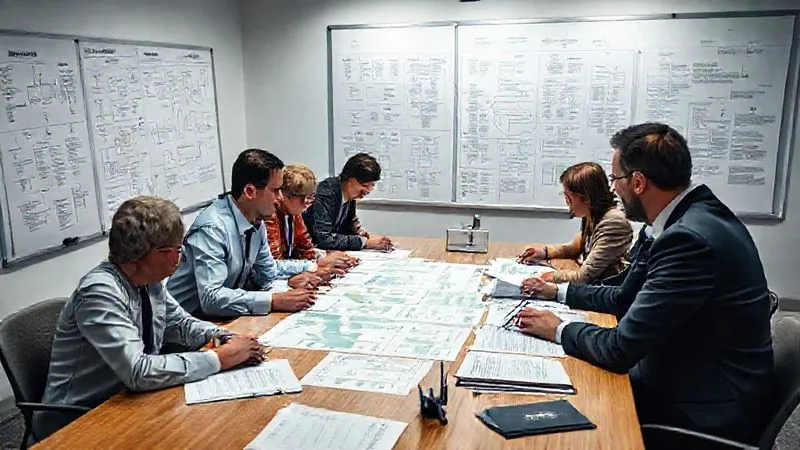 A photorealistic image of a team of environmental lawyers and technical experts gathered around a large table, intensely analyzing complex data charts, maps, and legal documents. Whiteboards in the background are covered with flowcharts and regulatory citations. The atmosphere is collaborative and focused, 8K, cinematic lighting, sharp focus, depth of field, shot on a high-end DSLR.