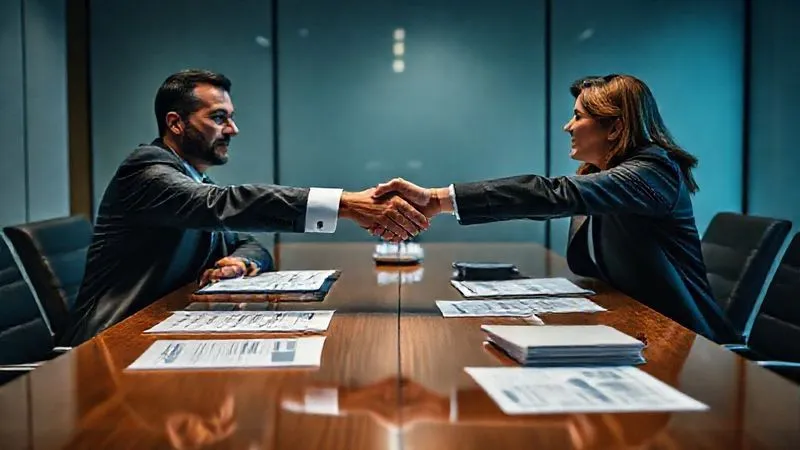 A photorealistic, professional photography shot of two individuals (one representing a company, one a regulator) shaking hands across a conference table, with legal documents and technical reports spread out. The atmosphere is tense but professional, indicating a breakthrough in negotiation. 8K, cinematic lighting, sharp focus, depth of field, shot on a high-end DSLR.