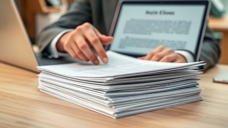 A photorealistic image of a legal professional, possibly a lawyer, meticulously reviewing a stack of documents on a well-lit desk. Their hands are carefully sifting through papers, with a laptop displaying legal text in the background. The scene conveys diligence and precision, with sharp focus on the documents, depth of field blurring the background. 8K hyper-detailed, professional photography.