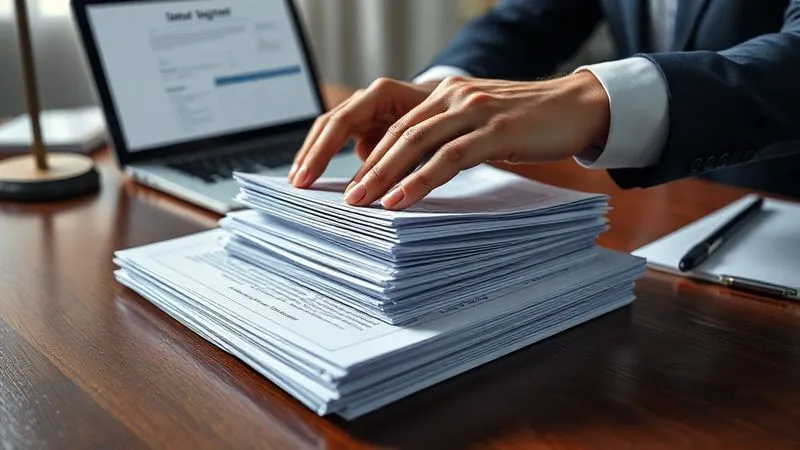 photorealistic, professional photography, 8K, cinematic lighting, sharp focus, depth of field, shot on a high-end DSLR. A person's hands meticulously organizing a stack of legal documents and contracts on a polished wooden desk, with a laptop open displaying legal forms in the background. The scene conveys diligence and detailed legal review, with soft, focused lighting.