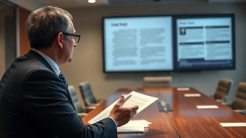 photorealistic, professional photography, 8K, cinematic lighting, sharp focus, depth of field, shot on a high-end DSLR. A legal professional, dressed in a sharp suit, confidently presenting arguments in a modern, well-lit conference room, with a blurred legal document projected onto a screen in the background. The mood is one of focused advocacy and strategic communication.