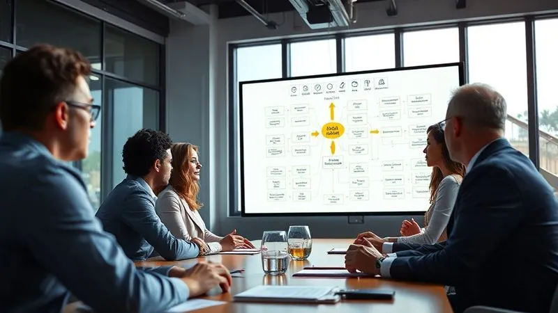 photorealistic, professional photography, 8K, cinematic lighting, sharp focus, depth of field, shot on a high-end DSLR. A diverse group of business professionals in a modern, sunlit conference room, engaged in a collaborative discussion around a large screen displaying a complex flowchart of legal compliance regulations. The atmosphere is proactive and focused on strategic planning and risk mitigation.