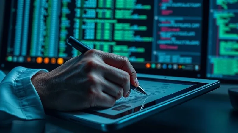 A close-up, photorealistic image of a digital forensic expert's hands meticulously documenting evidence on a tablet, with a computer monitor in the background displaying complex hash values and a digital forensic report. The focus is sharp on the hands and documentation, with cinematic lighting highlighting the precision and detail required in forensic work.