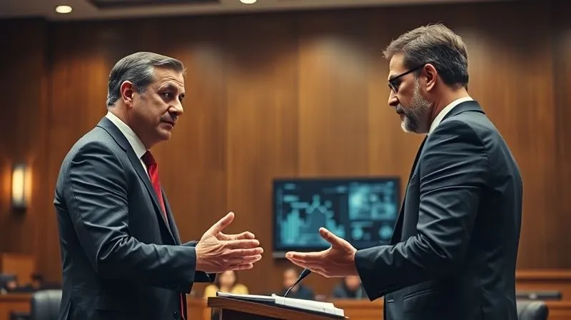 A photorealistic image of a sharp, experienced defense lawyer intently cross-examining a digital forensic expert on the witness stand in a modern, well-lit courtroom. Subtle holographic charts or digital screens are visible in the background, illustrating the complex data being discussed. The lawyer's posture conveys authority and intellectual intensity, while the expert maintains a professional but challenged demeanor. Cinematic lighting emphasizes the tension and intellectual battle.