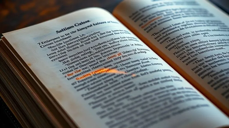 A close-up of an ornate, leather-bound legal tome open to a page with a specific clause highlighted in a golden glow, symbolizing a foundational legal principle. The text is in Latin, with intricate calligraphy, under cinematic lighting, 8K, professional photography, sharp focus on the highlighted clause, depth of field.