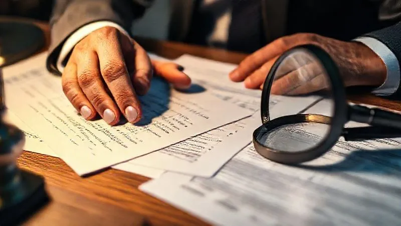 Photorealistic, professional photography, 8K, cinematic lighting, sharp focus, depth of field, shot on a high-end DSLR. A close-up of hands meticulously arranging legal documents, tax forms, and handwritten notes on a desk, with a magnifying glass nearby, emphasizing careful review and evidence gathering for a reasonable cause defense. The lighting is focused and analytical.