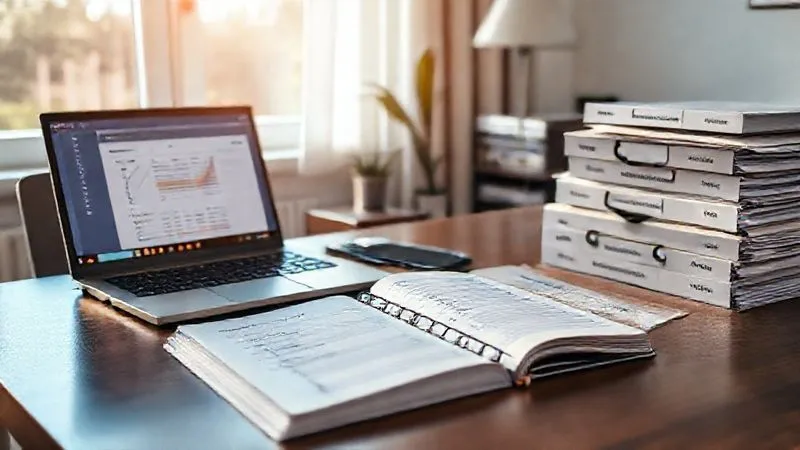Photorealistic, professional photography, 8K, cinematic lighting, sharp focus, depth of field, shot on a high-end DSLR. A neat, organized home office desk with a laptop displaying a tax software interface, a planner open to a compliance checklist, and neatly stacked folders labeled 'Foreign Accounts' and 'Tax Documents'. Sunlight streams through a window, creating an atmosphere of clarity and order.