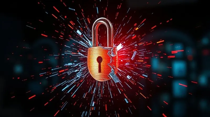 A photorealistic image of a digital lock shattering into glowing fragments, with data streams escaping, set against a dark, urgent background. Cinematic lighting, sharp focus on the breaking lock, depth of field blurring the background. 8K hyper-detailed, shot on a high-end DSLR.