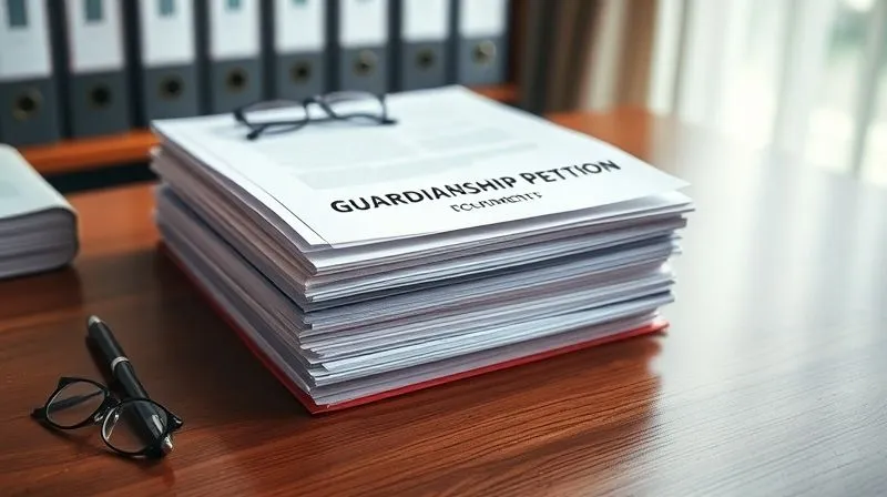 Photorealistic, professional photography, 8K, cinematic lighting, sharp focus, depth of field, shot on a high-end DSLR, of a stack of legal documents and files neatly organized on a polished wooden desk, with a pen and a pair of reading glasses nearby. The focus is sharp on the top document titled 'Guardianship Petition', conveying diligence and preparation.