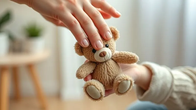 Photorealistic, professional photography, 8K, cinematic lighting, sharp focus, depth of field, shot on a high-end DSLR, of a child's hand holding a small, worn teddy bear, with a comforting adult hand gently placed over it. The background is softly blurred, depicting a therapist's office or a calm, safe room, emphasizing emotional support and healing.