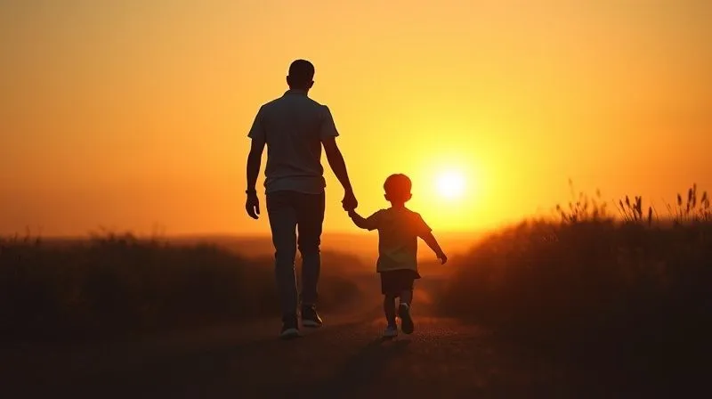 Photorealistic, professional photography, 8K, cinematic lighting, sharp focus, depth of field, shot on a high-end DSLR, of a silhouette of an adult and a child walking hand-in-hand towards a bright, hopeful horizon at sunset. The path ahead is clear and open, symbolizing a positive future and new beginnings, with warm, golden light.