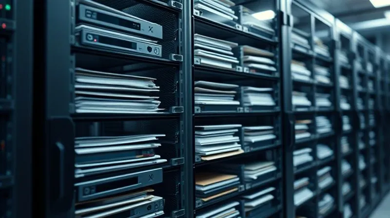Photorealistic image of organized files and digital data being meticulously collected and secured on a server rack in a professional setting, symbolizing evidence preservation, professional photography, 8K, cinematic lighting, sharp focus, depth of field.