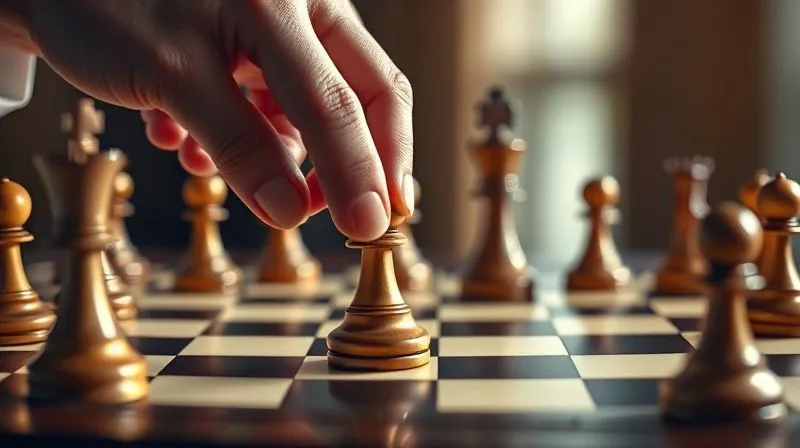 A photorealistic image of a strategic chessboard, with a hand carefully moving a piece, reflecting careful planning and foresight in a high-stakes legal scenario, cinematic lighting, 8K, sharp focus, depth of field.