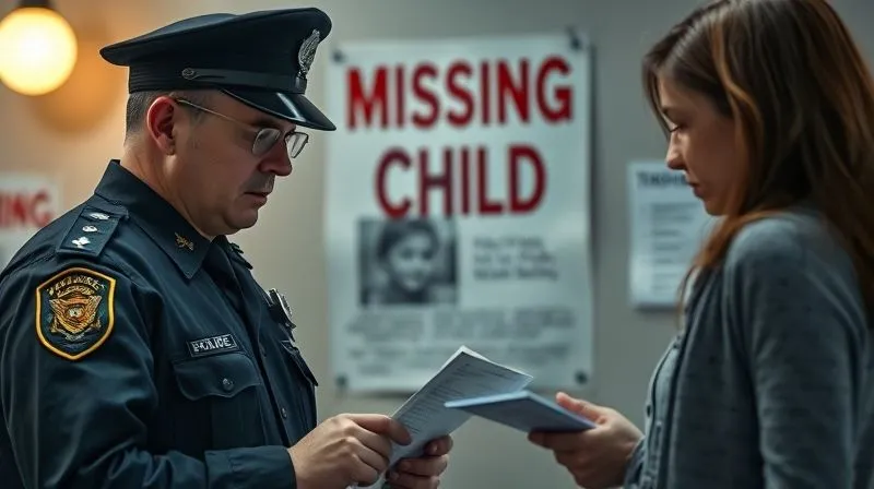 A photorealistic image of a police officer taking notes from a distressed parent, with a blurred 'Missing Child' poster in the background, cinematic lighting, sharp focus on the interaction, 8K hyper-detailed.