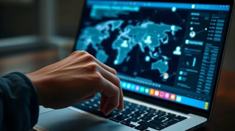 A photorealistic image of a person's hand hovering over a laptop keyboard, with a blurred screen displaying maps and social media profiles, intricate network lines connecting data points, cinematic lighting, 8K hyper-detailed.