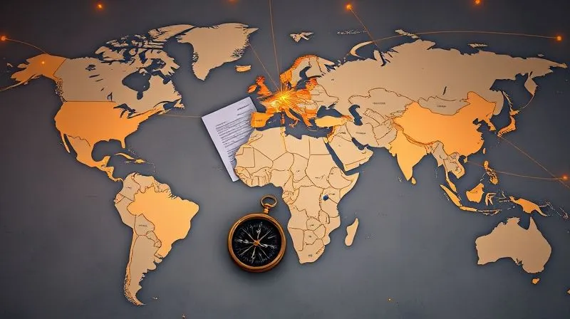 A photorealistic image of a world map with glowing lines connecting different countries, superimposed with legal documents and a compass, symbolizing international and interstate legal navigation, cinematic lighting, 8K hyper-detailed.