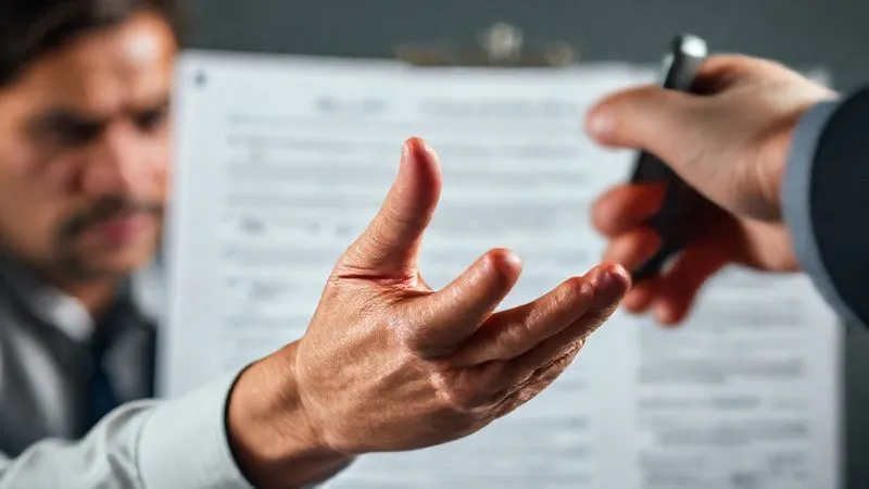 Photorealistic, professional photography, 8K, cinematic lighting, sharp focus on a person's stressed face, hand reaching out to answer a ringing phone, but a blurred, reassuring hand of a legal professional gently stopping them, depth of field blurring the background of an official-looking document, conveying the crucial moment of halting communication.