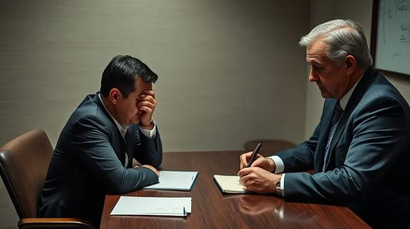 Photorealistic, professional photography, 8K, cinematic lighting, sharp focus, depth of field, shot on a high-end DSLR. A distressed individual sits across a table from a determined, empathetic federal defense attorney, who is actively taking notes and providing urgent, calm counsel in a private consultation room. The attorney's face is focused, showing deep concentration and expertise, conveying a sense of immediate, strategic action.