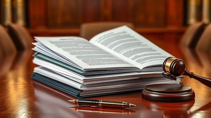 Photorealistic, professional photography, 8K, cinematic lighting, sharp focus, depth of field, shot on a high-end DSLR. A stack of meticulously organized legal documents and binders on a polished wooden conference table, with a gavel and a pen resting beside them. The documents are open, showing complex legal text and highlighted sections, illuminated by dramatic, focused lighting, symbolizing intense legal preparation and strategic planning.