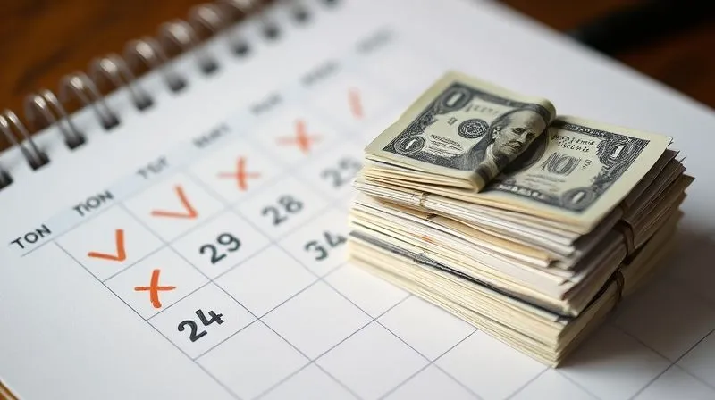 A photorealistic image of a calendar with dates being crossed off, and a stack of money or financial documents being divided into smaller, equal portions over time, symbolizing delayed payments and spread-out financial recognition. 8K, professional photography, sharp focus, depth of field, shot on a high-end DSLR, conveying organized financial planning.