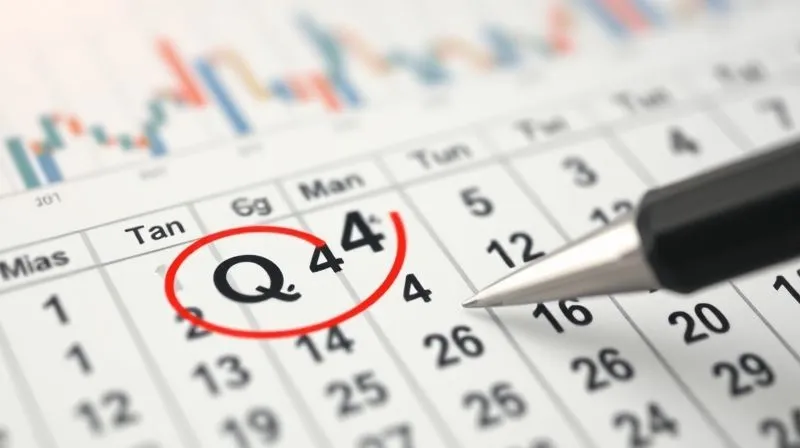 A photorealistic, professional photography image of a calendar with the current year's Q4 dates circled, and a pen pointing to the next year's January, symbolizing strategic deferral and acceleration. The background shows blurred financial graphs, under soft, strategic lighting. 8K, sharp focus on the calendar, depth of field blurring the background, shot on a high-end DSLR.