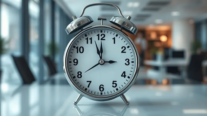 A photorealistic image of a ticking clock superimposed over a blurred modern office environment, illustrating the urgency and potential disruption of visa expiration on business operations, cinematic lighting, sharp focus on the clock, depth of field blurring the background, 8K hyper-detailed, shot on a high-end DSLR.