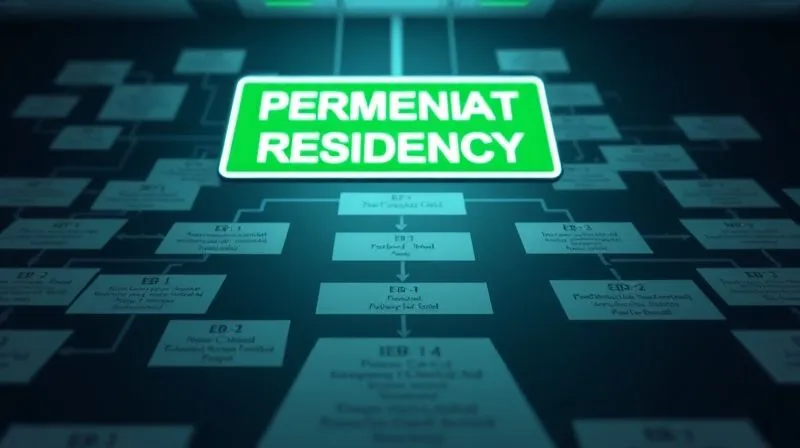 A photorealistic image of a complex, well-organized legal document flowchart, leading towards a glowing 'Permanent Residency' sign, representing the employment-based green card process, with distinct paths for EB-1, EB-2, and EB-3, cinematic lighting, sharp focus on the flowchart, depth of field blurring the background, 8K hyper-detailed, shot on a high-end DSLR.