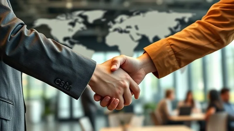 A photorealistic image of a firm, confident handshake between a diverse employer and a foreign national employee, symbolizing successful talent retention and a secure, shared future. The backdrop is a modern, thriving workplace with subtle global map elements, reflecting a diverse workforce. Cinematic lighting, sharp focus on the handshake, depth of field blurring the background, 8K hyper-detailed, shot on a high-end DSLR.