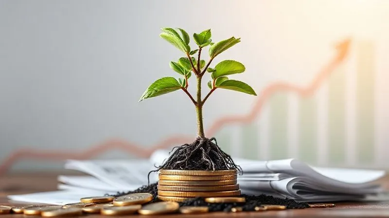 photorealistic, professional photography, 8K, cinematic lighting, sharp focus, depth of field, shot on a high-end DSLR. A vibrant, growing sapling emerging from a stack of polished coins and legal documents, roots intertwined with paper. The background shows a gentle upward sloping graph, symbolizing steady financial growth and security over time. The lighting is bright and hopeful, emphasizing future potential.