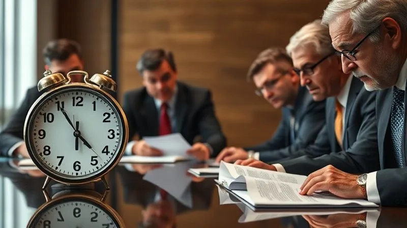 A photorealistic close-up of a high-stakes, intense boardroom meeting, with a clock prominently displayed showing only a few minutes left before midnight. Directors in sharp suits are leaning forward, faces etched with concern and urgency, reviewing complex financial documents and legal papers. Cinematic lighting emphasizes the tension and the critical nature of decisions. Sharp focus on the clock and the directors' faces, depth of field. 8K hyper-detailed, professional photography, shot on a high-end DSLR.