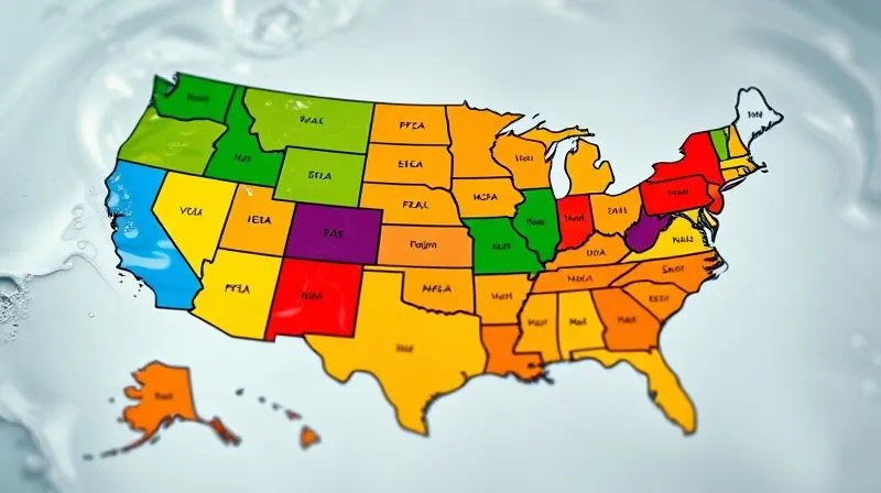 A photorealistic, professional photography, 8K, cinematic lighting, sharp focus, depth of field, shot on a high-end DSLR, depicting a fragmented map of the United States with various colored overlays representing different state PFAS regulations, highlighting the complexity and divergence. The map is partially obscured by a subtle, shimmering layer of water, symbolizing contamination.