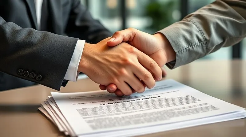 A photorealistic, professional photography, 8K, cinematic lighting, sharp focus, depth of field, shot on a high-end DSLR, depicting two business people shaking hands over a stack of legal documents with complex clauses visible, specifically highlighting a section on environmental indemnification. The background is a modern, slightly blurred office setting.