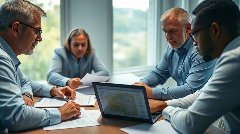 A photorealistic, professional photography, 8K, cinematic lighting, sharp focus, depth of field, shot on a high-end DSLR, depicting a diverse group of professionals (lawyer, environmental consultant, property owner) gathered around a table reviewing complex environmental reports and legal documents, with a serious but collaborative demeanor. A laptop displays a map with environmental data points.