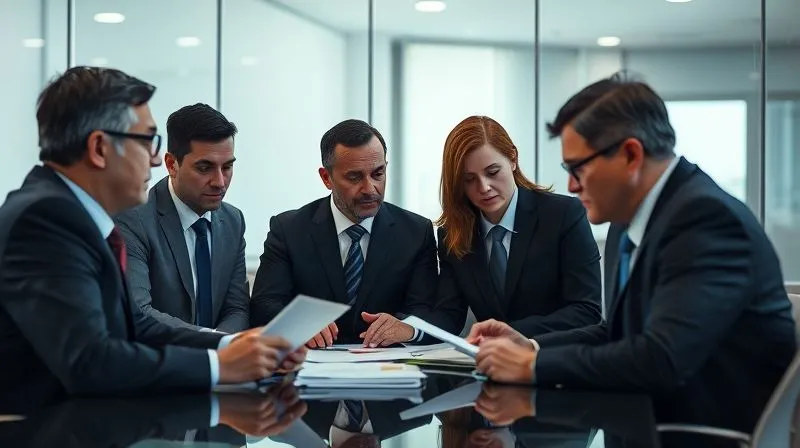 Photorealistic, professional photography, 8K, cinematic lighting, sharp focus, depth of field, shot on a high-end DSLR, a small team of environmental lawyers and corporate executives in a modern conference room, looking at regulatory documents and discussing strategy, serious and focused expressions, a sense of quiet intensity.