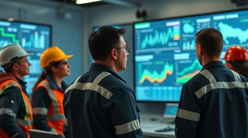 Photorealistic, professional photography, 8K, cinematic lighting, sharp focus, depth of field, shot on a high-end DSLR, a diverse group of industrial workers and managers in a modern control room, intently looking at a large digital dashboard displaying environmental monitoring data and compliance metrics, a sense of proactive management and advanced technology.