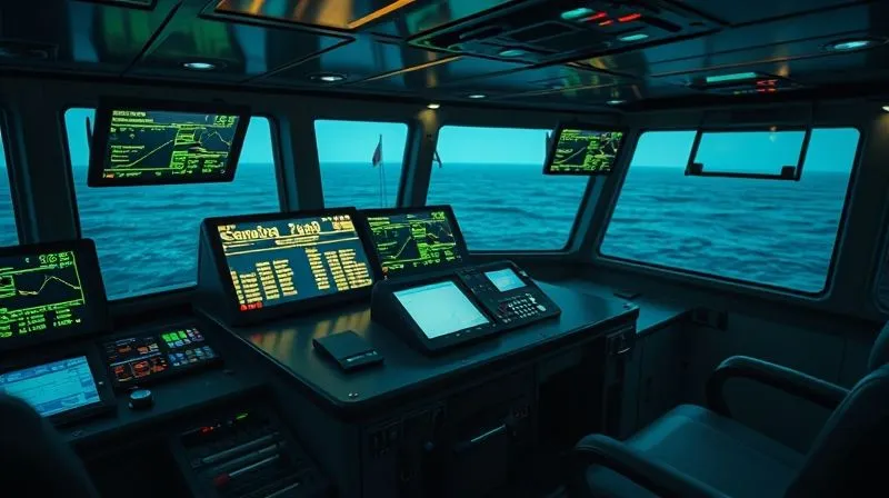 A photorealistic image of a ship's bridge, illuminated by the glow of multiple digital screens displaying navigation data and system diagnostics. One screen subtly shows a glitching or corrupted interface, with binary code superimposed. Cinematic lighting, sharp focus on the central console, depth of field blurring the distant sea. Professional photography, 8K hyper-detailed.