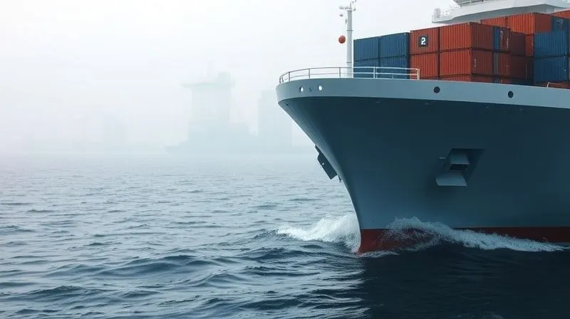 A photorealistic image of a ship's stern, with a subtle digital ripple effect spreading across the water, indicating a disruption. In the background, a container ship is partially obscured by a digital fog, with data streams flowing around it. The scene is dramatic, with cinematic lighting and a slight haze. Professional photography, 8K hyper-detailed.