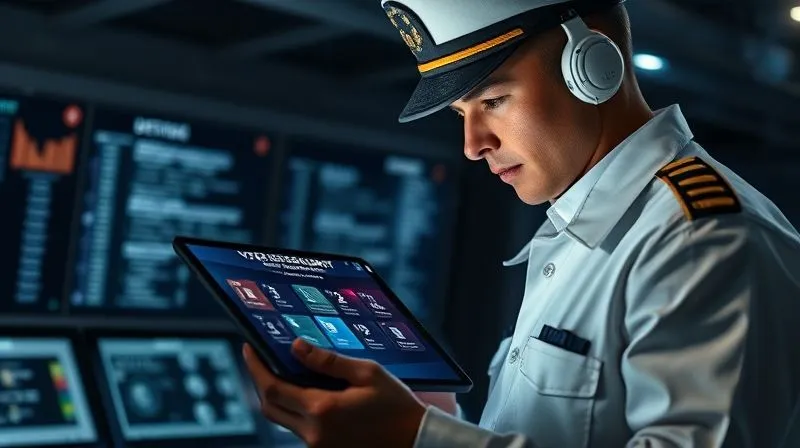 A photorealistic image of a ship's crew member, wearing a uniform, intently focused on a tablet displaying a cybersecurity awareness training module. In the background, a subtle digital interface shows network activity. The lighting is professional and clear, emphasizing diligence and education. 8K hyper-detailed, sharp focus on the crew member and tablet.