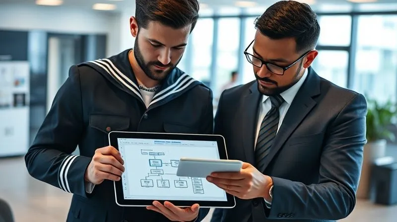 A photorealistic image of two diverse professionals, one in a maritime uniform and another in a business suit, reviewing a legal document on a tablet. The tablet screen subtly displays a flow chart of cyber risk assessment. They are in a modern, well-lit office, with a subtle nautical theme in the background. Professional photography, 8K hyper-detailed, sharp focus on the document and faces.